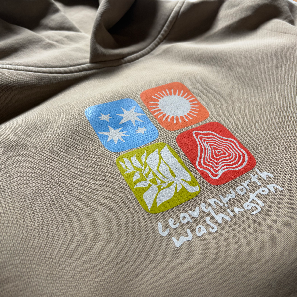 Leavenworth Linocut Plant/Sun/Stars Taupe Hoodie